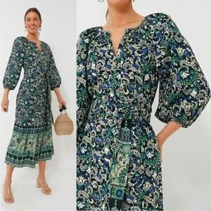 Tuckernuck NEW Batik Floral Lyles Green Blue Puff Sleeve Belted Midi Dress XS